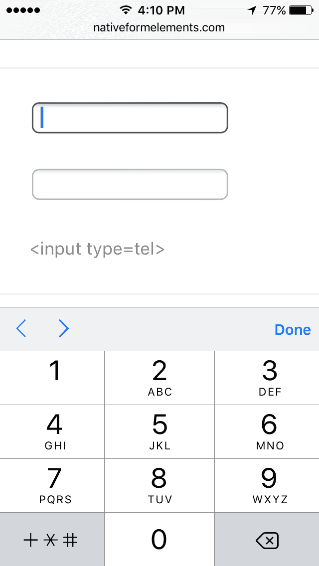 Tel input on a mobile phone